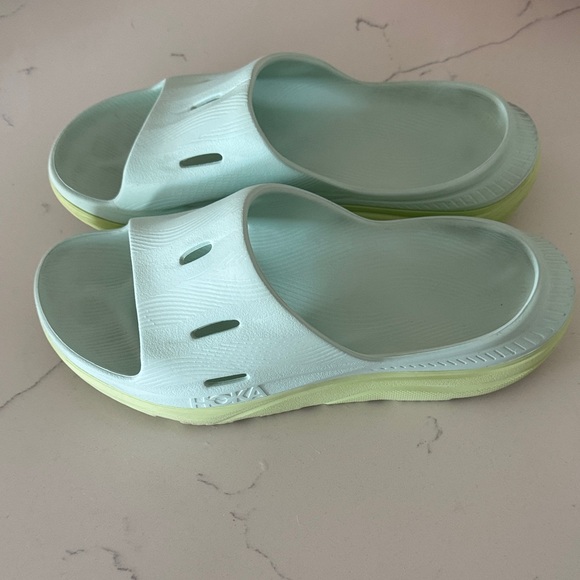 Hoka One One Light Aqua w/ Green Slide Sandals - Picture 2 of 9
